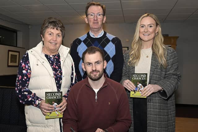 Matthew Bell at his Book launch “Second Chances” at Banbridge Hockey Club with parents Suzanne and John Bell and fiancee Jane Alexander. C2406601 Paul Byrne Photography