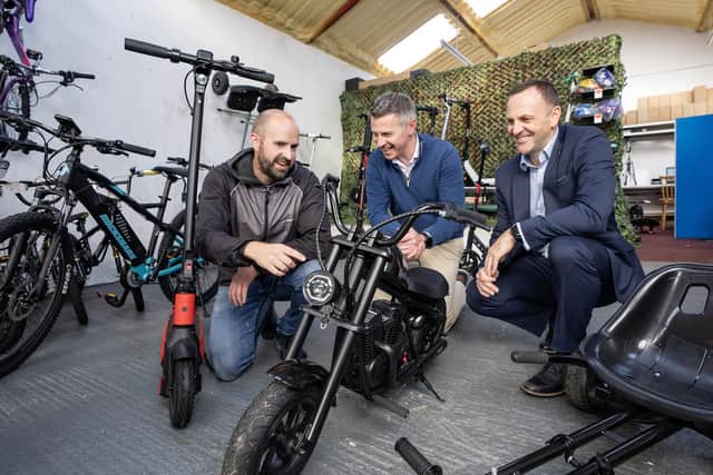 Pictured from left are: Andrew Hamilton, founder of go-kart and e-scooter retailer, Gorilla Karts, Dónal Traynor, Ulster Community Finance Ltd Chief Executive and Nigel McKernan, Invest NI’s Director of Corporate Finance.  Cookstown-based Gorilla Karts, is one of 84 companies in Co Tyrone to be supported by the Northern Ireland Small Business Loan Fund since 2013, bringing the total allocated to businesses in the county to over £2 million.