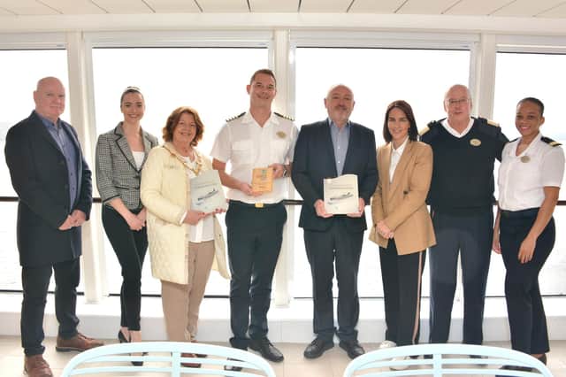 Plaque exchange onboard Norwegian Star. From left to right: James Logue, Mayor’s Consort; Louise Denvir, Cruise Marketing Executive, Foyle Port; Cllr Patricia Logue, Mayor of Derry City and Strabane District Council; Divorce Pulitika, Staff Captain, Norwegian Cruise Lines; Bill McCann, Harbour Master and Operations Director, Foyle Port; Charlene Boyle, Wild Atlantic Way Officer, Failte Ireland; Tony Winkler, General Manager, Norwegian Cruise Lines; Glenda Abbott, Group/Events Co-ordinator, Norwegian Cruise Lines. Credit Foyle Port