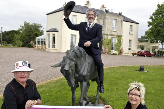 YE-HA. Pictured at the launch of the Coleraine Lions Club bar-b-que at Stranocum Hall in 2008 in aid of Clic Sargent and the Club are proprietor of Stranocum Hall, Billy O'Neill, Heather Pollock (Clic Sargent) and Lions Club President, Eamon Brolly.
