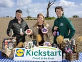 Noel McAllister, Juist; Niamh Maguire, Island Salads; Greg MacNeice, Mac Ivors Cider Co. Picture: released by Lidl
