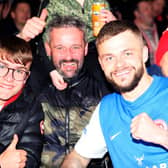 Larne's Andy Ryan celebrates with club supporters.  Photo by David Maginnis/Pacemaker Press