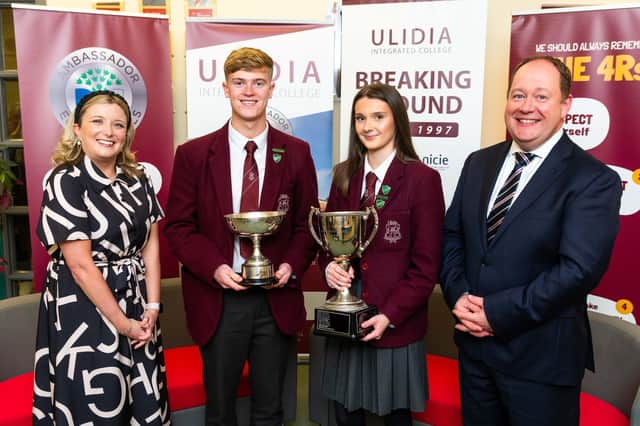 Izzy and Rhys won of The Principal’s Trophy. They are pictured with Mr Houston and Guest Speaker Miss Tuesday Howe.