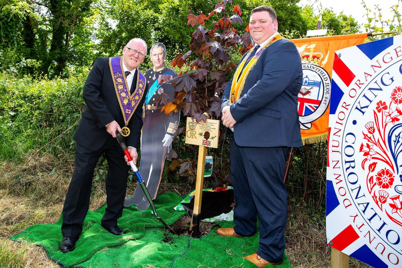 Junior Grand Master Most Wor Bro Joseph Magill and Grand Junior Superintendent of England Steve Kingston planted a tree at Saintfield to mark the coronation of  King Charles III.