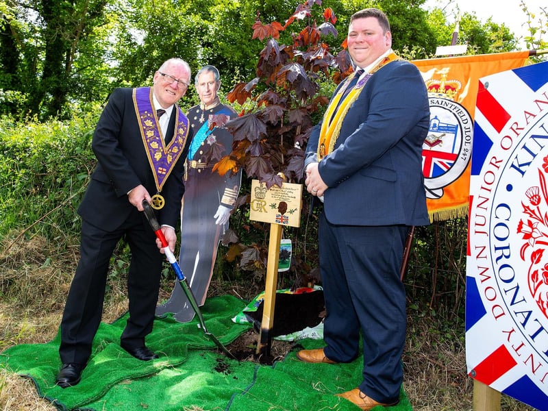 Junior Grand Master Most Wor Bro Joseph Magill and Grand Junior Superintendent of England Steve Kingston planted a tree at Saintfield to mark the coronation of  King Charles III.