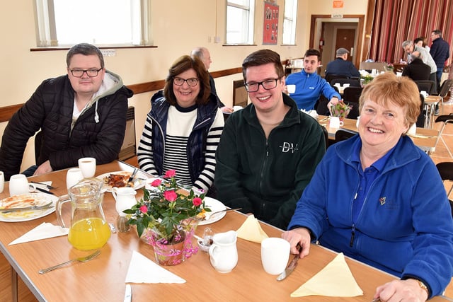 All smiles at the Loughgall Parish Big Breakfast are from left, Mark Brownlee, Carol and Andrew Martin and Gladys Brownlee. PT13-202.