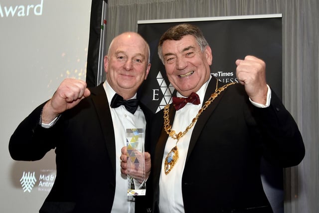 Mayor of Mid & East Antrim Borough Council Alderman Noel Williams presents the prestigious Lifetime Achievement Award to winner, David Hunter. LT48-208.