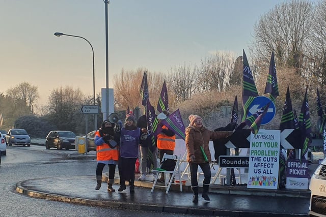 Health care workers from across the Southern Health Trust were demonstrating at the picket line close to Craigavon Hospital on Monday against the latest pay offer. Some union members were dancing to keep warm as vehicles driving past tooted in support.