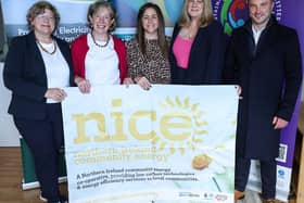 Tiziana O’Hara Co-Operatives Alternatives, Anne Ford Drumlin Wind Energy, Laura Turner Ballymacash Sports Academy, Karen Arbuckle NICE and Nevil Bell, Solmatix at the launch of the Sustainable Energy Communities NI (SEC NI) pilot project. Pic credit: SEC NI
