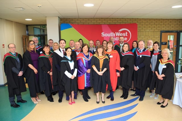 South West College (SWC) Principal and Chief Executive, Celine McCartan pictured with members of the Commencement Platform Party ready to celebrate the Higher Education successes of South West College (SWC) students.
