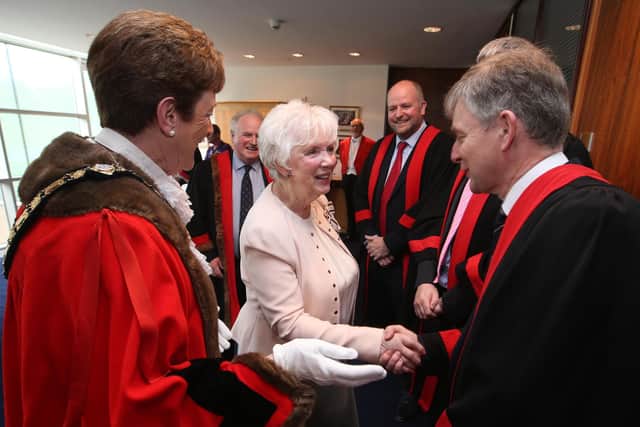 Mrs Joan Christie CVO OBE pictured with council members and the Mayor of Causeway Coast and Glens Borough Council Councillor Joan Baird OBE during the Freedom of the Borough event at Causeway Coast and Glens Borough Council's civic headquarters.
