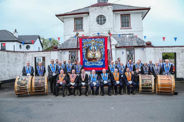 Ballinderry Black Reds LOL148 with District and County Officers at the Unfurling of their new Banner. Pic by Norman Briggs, rnbphotographyni
