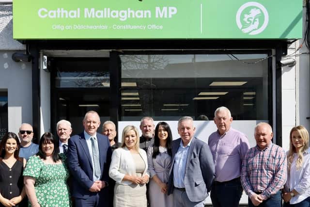 First Minister Michelle O'Neill pictured with Cathal Mallaghan MP and local activists outside the new constituency office in Magherafelt town centre | Supplied