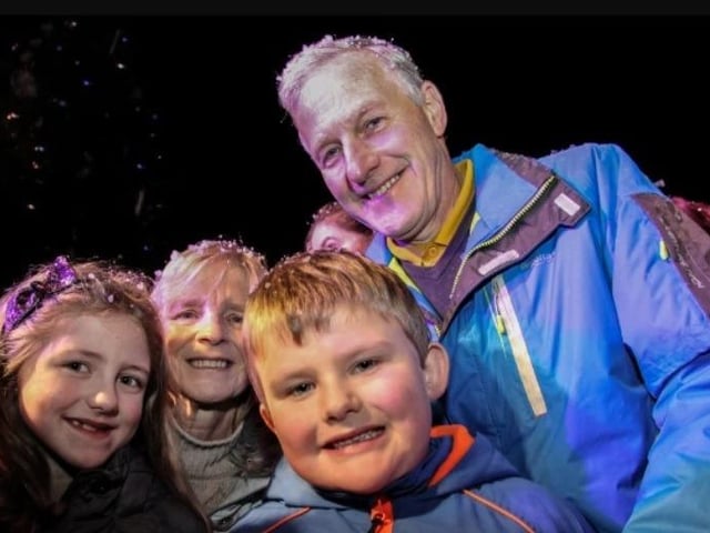 Toby and Hannah Frizzell with granny and granda David and Olive Frizzell at the 2014 switch on in Ballyclare.