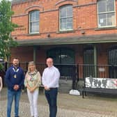 The Lord Mayor is welcomed by Dromore Chamber of Commerce members Karen Weir (secretary), Jamie McCutcheon (president) and Alan Roulsten (treasurer).