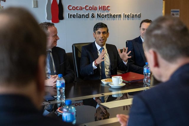 Prime Minister Rishi Sunak visited the Coca Cola factory in Lisburn to meet business leaders to discuss the Windsor Framework, which aims to address concerns about the NI Protocol. Pic by 10 Downing Street