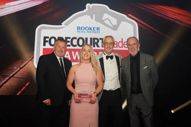 Danielle Finlay with host and broadcaster Ray Stubbs, Tony Owens (Sales and Marketing Director from category sponsor Rollover) and host Mark Lawrenson.