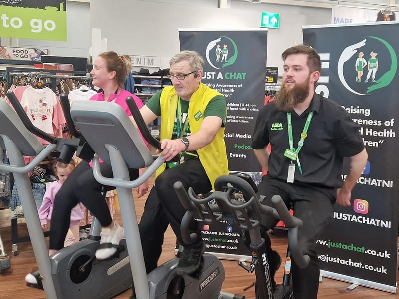 A local charity, Just A Chat set up to raise awareness and combat the stigma of mental health for youths, has cycled 282 miles to raise vital funds at a special event in Portadown’s Asda. Some of the Asda staff also took part.