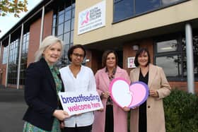 (L - R) Heather McKee, Director of Strategic Planning, Quality & Support, SERC; Rochelle Mcauley, adult returner on the Access Level 3 Diploma in Foundation Studies; Carrie Crossan, Health and Wellbeing Improvement Officer for Public Health Agency; and Jacqui Henning, Breastfeeding Project Lead, South Eastern Health and Social Care Trust.