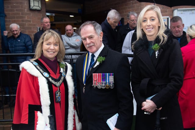 Pictured at the RBL St Patrick's Day parade in Portadown town centre are from left, Lord Mayor of ABC Council, Alderman Margaret Tinsley; Major Philip Morrison, president of Portadown and Northern Ireland RBL, and Upper Bann MP, Carla Lockhart. PT12-207.