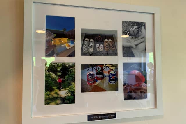 Framed photo montages displaying adoptive families’ photographs