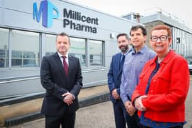 Pictured at the Larne plant are Ryan Loughlin, senior vice-president of Millicent Pharma (in the foreground on the left) with, from left to right, Christopher Brady, director of technical operations; Willis Millar, director of production and Gillian Megaw, site quality head. Photo provided by Millicent Pharma