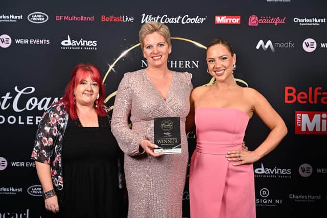 Aimee Bingham and Shelley Martin from 4Beauty Group- Skinician is presented with the trophy for Hair & Beauty Retailer Supplier of the Year from NI Beauty Excellence Award’s Judge, and founder