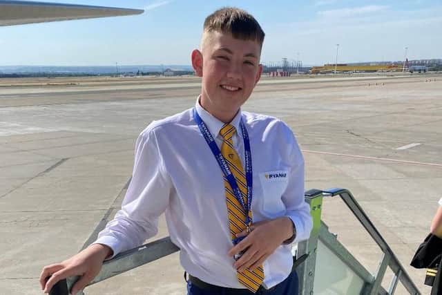 Matas Jautakis, boarding his next flight as part of the cabin crew for Ryanair.