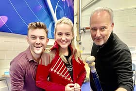 Aaron Kavanagh, Johanna Johnston and Peter Corry MBE at a rehearsal for the ‘The Showman is Coming' ahead of the Newtownabbey performance.