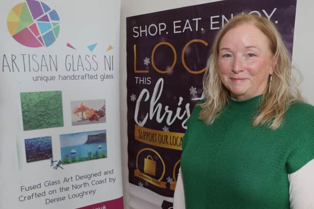 Denise Loughrey of Artisan Glass NI designed and produced the trophies for the 2023 Christmas window display competition. Credit Causeway Coast and Glens Council