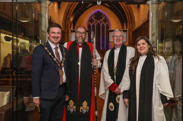 Cllr Scott Carson Mayor of Lisburn & Castlereagh, Rt Rev George Davidson Bishop of Connor, The Very Rev Sam Wright Dean of Connor, Rev Danielle McCullagh Vicar of Lisburn Cathedral. Pic by Norman Briggs, rnbphotographyni