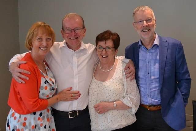 Hilary and Dennis (centre) celebrating their 40th anniversary alongside their friends Barbara and Maxwell Buchanan.