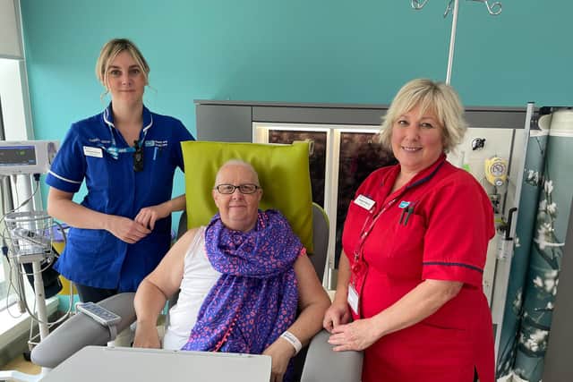 Victoria Ferris (Deputy Sister), Yvonne White (Macmillan Cancer Unit Patient) & Angela Berry (Ward Manager). Pic credit: SEHSCT