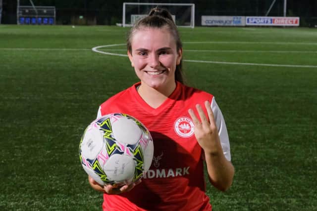 Hat-trick hero Erin Montgomery had a memorable debut for Larne. Photo by: Jamie Brennan