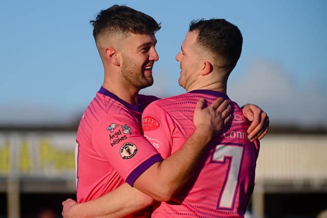 Newry City goal scorers l-r Adam Salley and Ciaran O'Connor congratulate each other at the Showgrounds on Saturday Pictures: Brendan Monaghan BM2402400