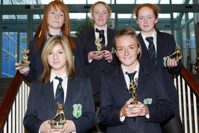 Fort Hill College Pupils Emma Killin, Rebecca Richards, Katherine Tucker in front Jessica Prenctie and Samantha McComb who won best player awards at the Inter House tournament in 2006