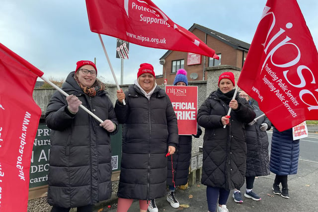 Icy weather didn't deter these workers from attending the picket line at Carrick PS in Lurgan, Co Armagh.  Hundreds of school support staff from unions such as Unison, Unite, GMB and NIPSA joined the strike on the second day in what will be one of the biggest strikes among non-teaching unions in years. The ongoing industrial dispute is over the failure to deliver a pay and grading review to education workers as part of a negotiated resolution of the 2022 pay dispute.