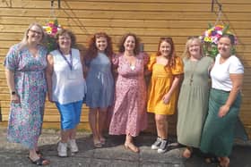 Staff members mark the opening of the garden. L-R: Jennifer Bingham, Annette McCann. Lucy Stephenson, Cathy Lyness, Sara Mc Coo, Denise Larmour and Niamh Mc Quillan.