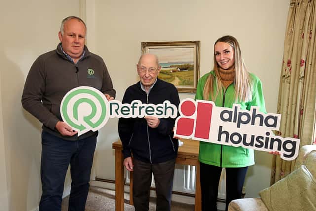 Pictured from left to right: Bill Cherry, Managing Director, Refresh NI, Bill McClinton (99), Tenant, Johnston Court, Alpha Housing, and Zara Burns, Marketing Officer, Refresh NI