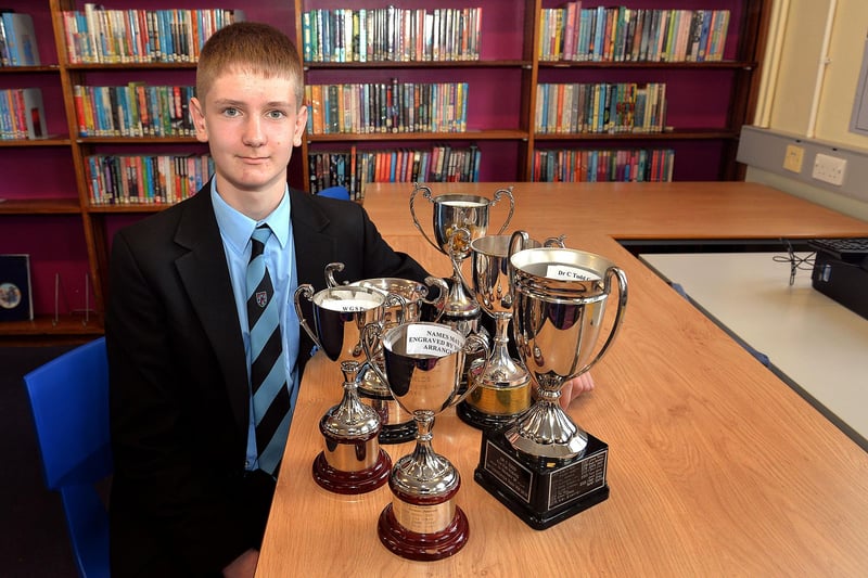 Former Tandragee Junior High School pupil, Charlie Poole returned to the school for the annual prize day and went home with a haul of trophies. PT44-205.