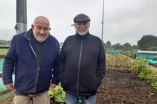 Hard workers from Taghnevan Allotments in Lurgan, Co Armagh Malachy Cullen and Paul Daly who, with Tony Chambers and many others, spend many hours keeping the allotments tidy and manage much of the maintenance work. They were pictured following the presentation of a plaque plus a grant of £2k to Marie Cullen, Secretary of Taghnevan Allotments in Lurgan, Co Armagh.