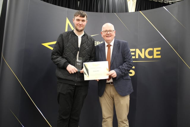 Dave Linton founder and Managing Director of social enterprise luggage company Madlug presented the certificates and trophies for the Further Education Student of the Year Awards. He is pictured with award winner for the School of Hospitality, Management, Tourism and Languages, Darren Beck.