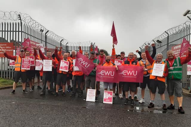 Postal workers at the Royal Mail Depot at Highfield Road, Craigavon are on strike seeking a better pay deal. The Communications Workers Union rep Brian Cummings said workers were disgusted at the 2% pay offer.