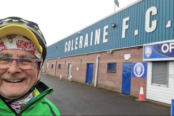 TV presenter Timmy Mallett is cycling around the UK and Ireland and has reached the Causeway Coast. Here he is pictured at Coleraine Showgrounds.