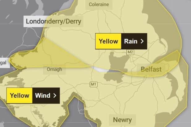 The Met Office has issued two weather warnings for Northern Ireland on Saturday. Image: Met Office