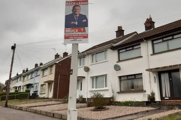 A poster featuring club owner Kenny Bruce MBE on display as part of the 'Back Larne' campaign. (Pic: Larne Times).