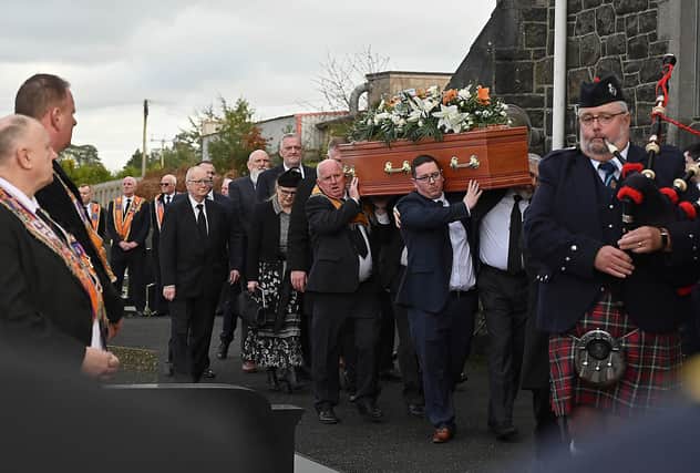The Funeral service for loyal orders stalwart Sidney McIldoon has taken place in Portadown. The service was held in St Saviours the Dobbin at 3.30pm on Sunday 18 February followed by burial in the adjoining cemetery. Mr McIldoon, a long-serving member of both the Orange Order and Royal Black Institution (RBI), died as the result of a road traffic collision a few miles from his home near Portadown. Picture By: Arthur Allison/Pacemaker Press