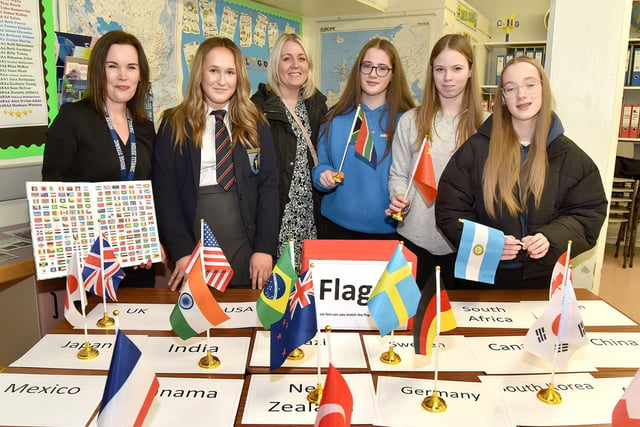 Pictured in the Geography department at the Craigavon Senior High School open night are from left, Miss Sarah McCulla, head of Geography, Sharon Alaunyte, Lynn McNeill and Killicomaine Junior High School pupils, Lexie McNeill, Maisie Girvan and Mia McNeill. PT04-206.