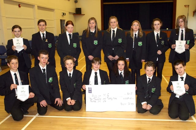 Pupils from Fort Hill College pictured with the cheque for £10,029 which they presented to the MS Charity in 2007