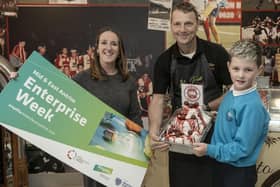 Lucas Loughlin from Corran Integrated Primary School with Christine Barnhill from Mid and East Antrim Borough Council and Karl Wilson from True Gelato.  Photo: Chris Neely